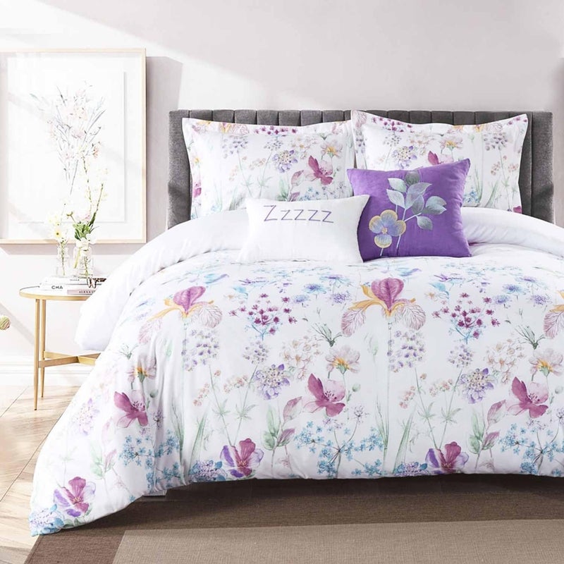 Nanko King Duvet Cover Set, White Red Blue Floral & Green Leaf Print Pattern 3 Piece - Microfiber Bedding Comforter Quilt Cover Zip Closure, Tie - Modern Style for Men and Women, 104X90 inch Flower - Image 1